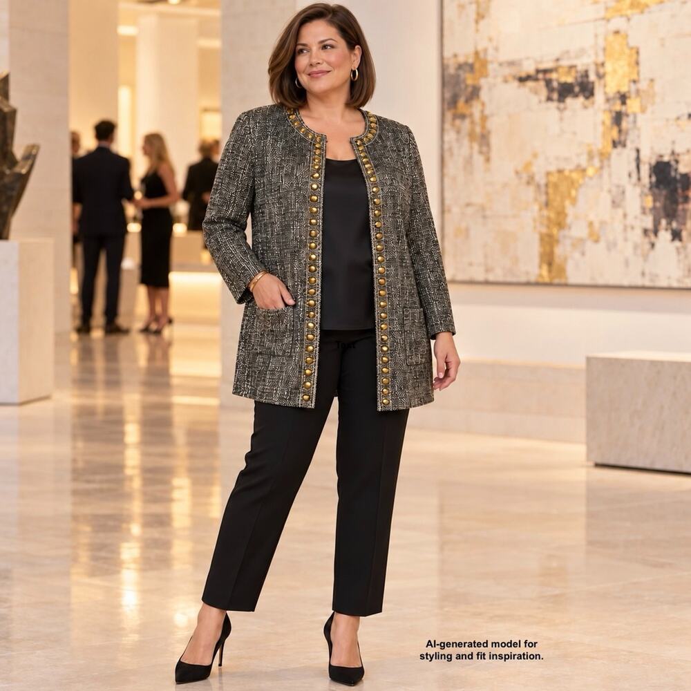 Chico's Long Tweed Jacket Black Gold Jeweled Chain Quiet Luxury Size 3 US XL 1X
